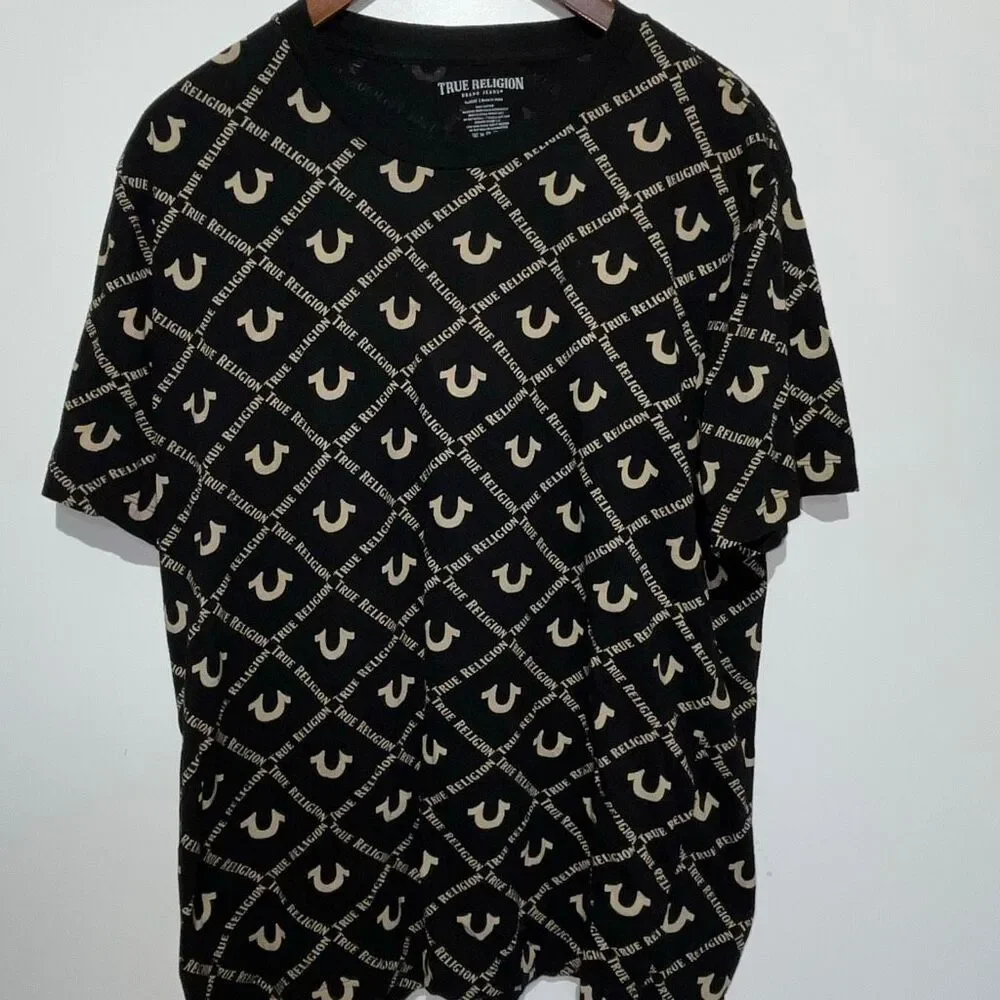 True Religion Mens Black Cream Monogram Crew Neck Cotton Short Sleeve T-Shirt XL